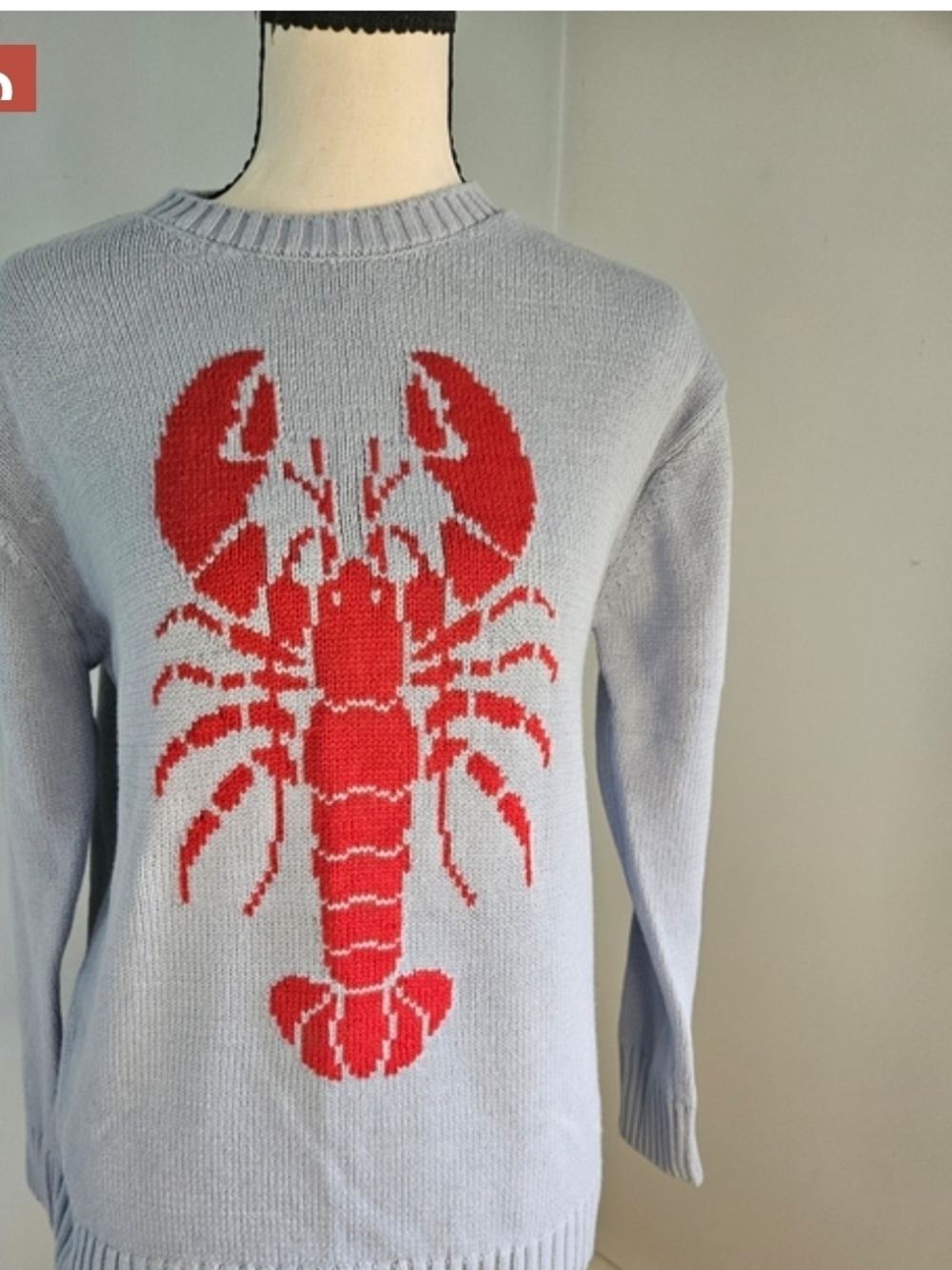 Women’s Light Blue Sweater with Red Lobster . Beachwear